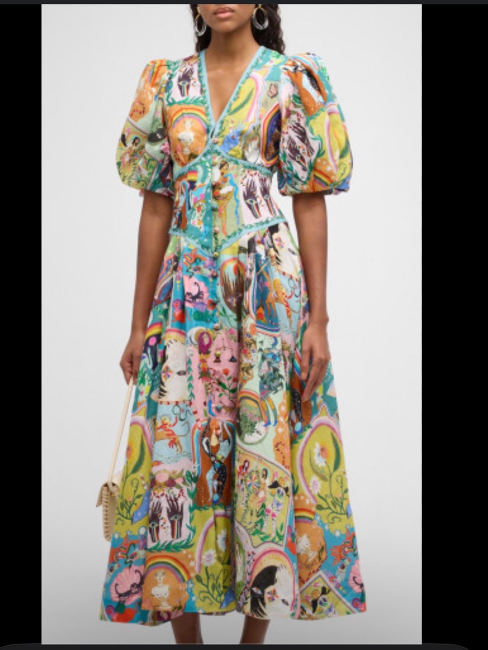 Multicolor Graphic Print V-Neck Midi Dress